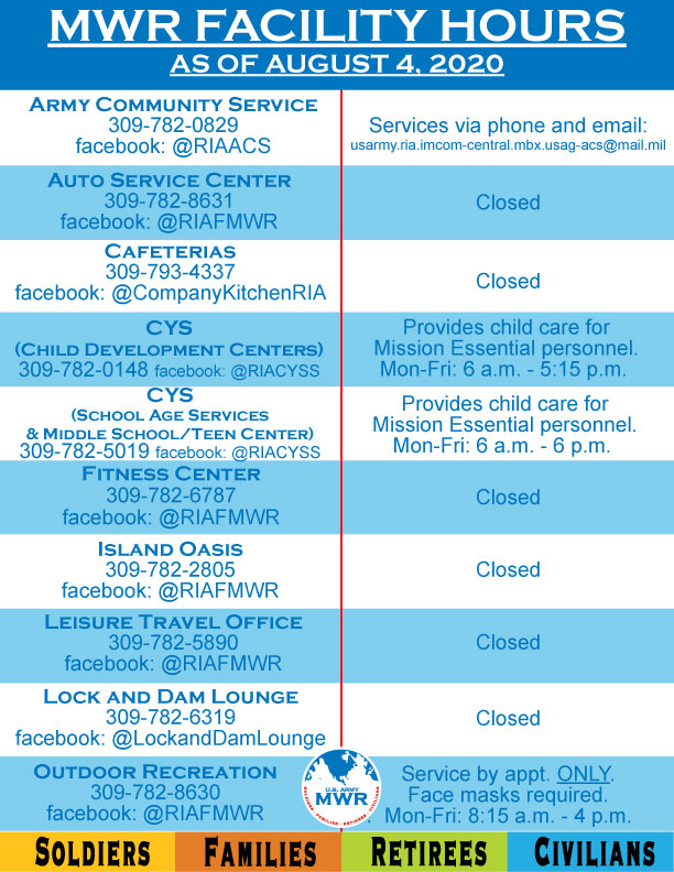 US Army MWR :: MWR Current Hours of Operation Due to COVID-19